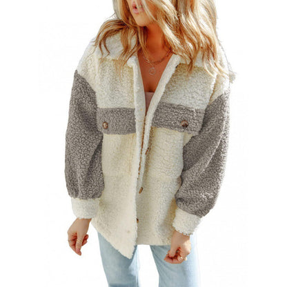 Weiche Damen Teddyjacke Kontrast Ärmel Winter