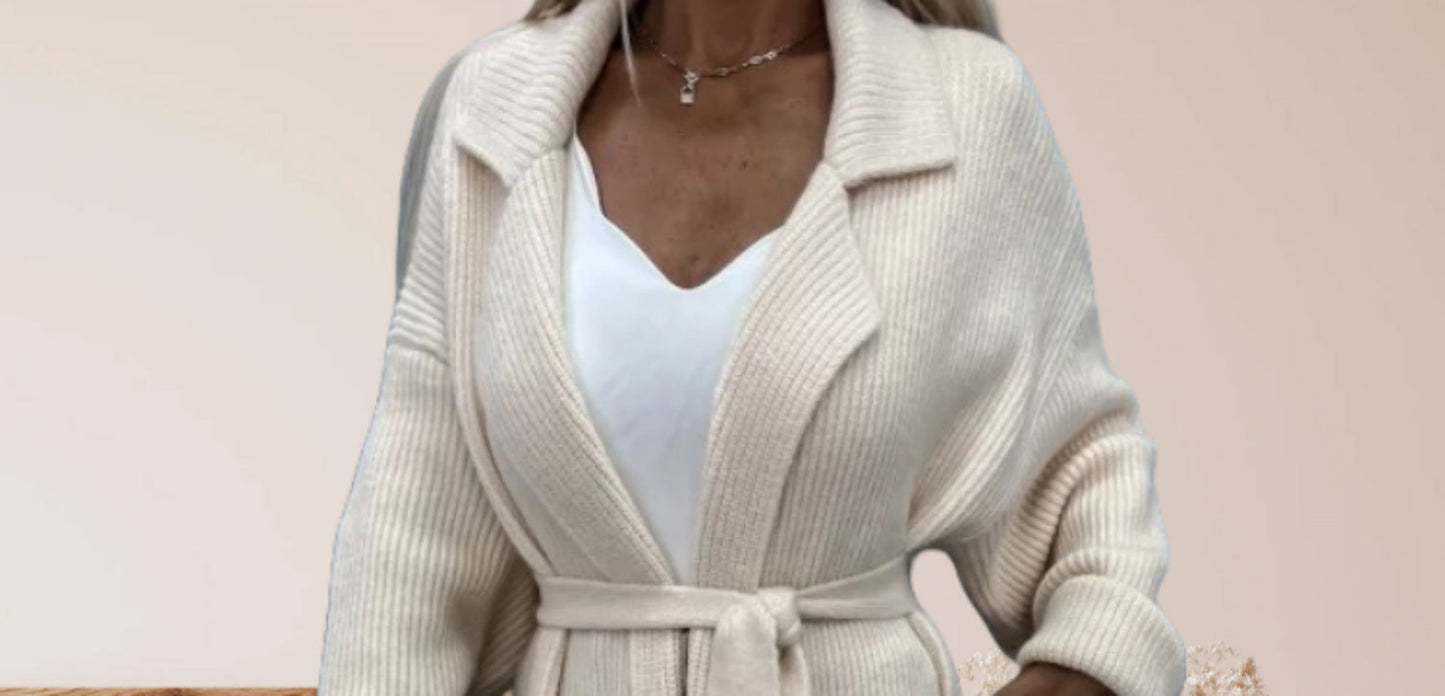 Damen Strickmantel Elegant Gürtel Breite Revers