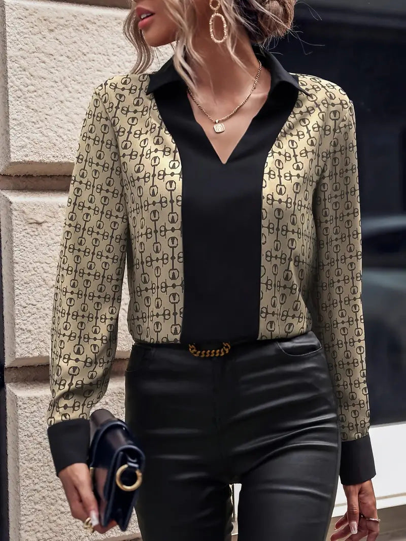 Damen Bluse Modern Muster Elegant V-Ausschnitt