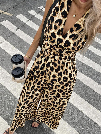 Damen Jumpsuit Leo-Print Elegant Abendkleid