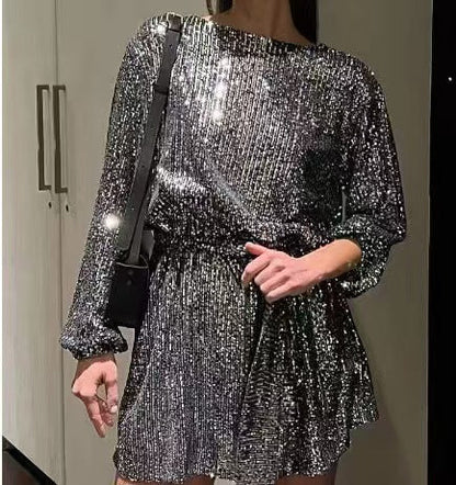 Glitzerndes Minikleid Damen Elegant Langärmlig
