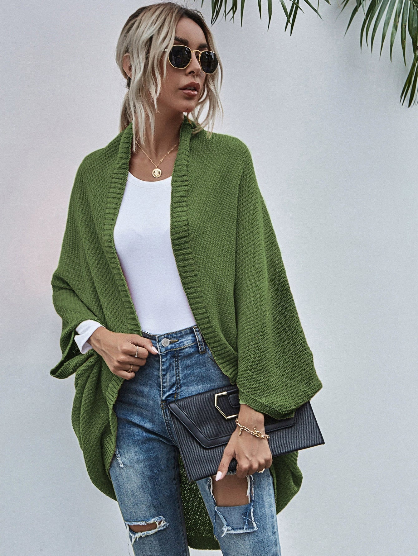 Weite Strickjacke Damen Oversized Wolle Fledermausärmel