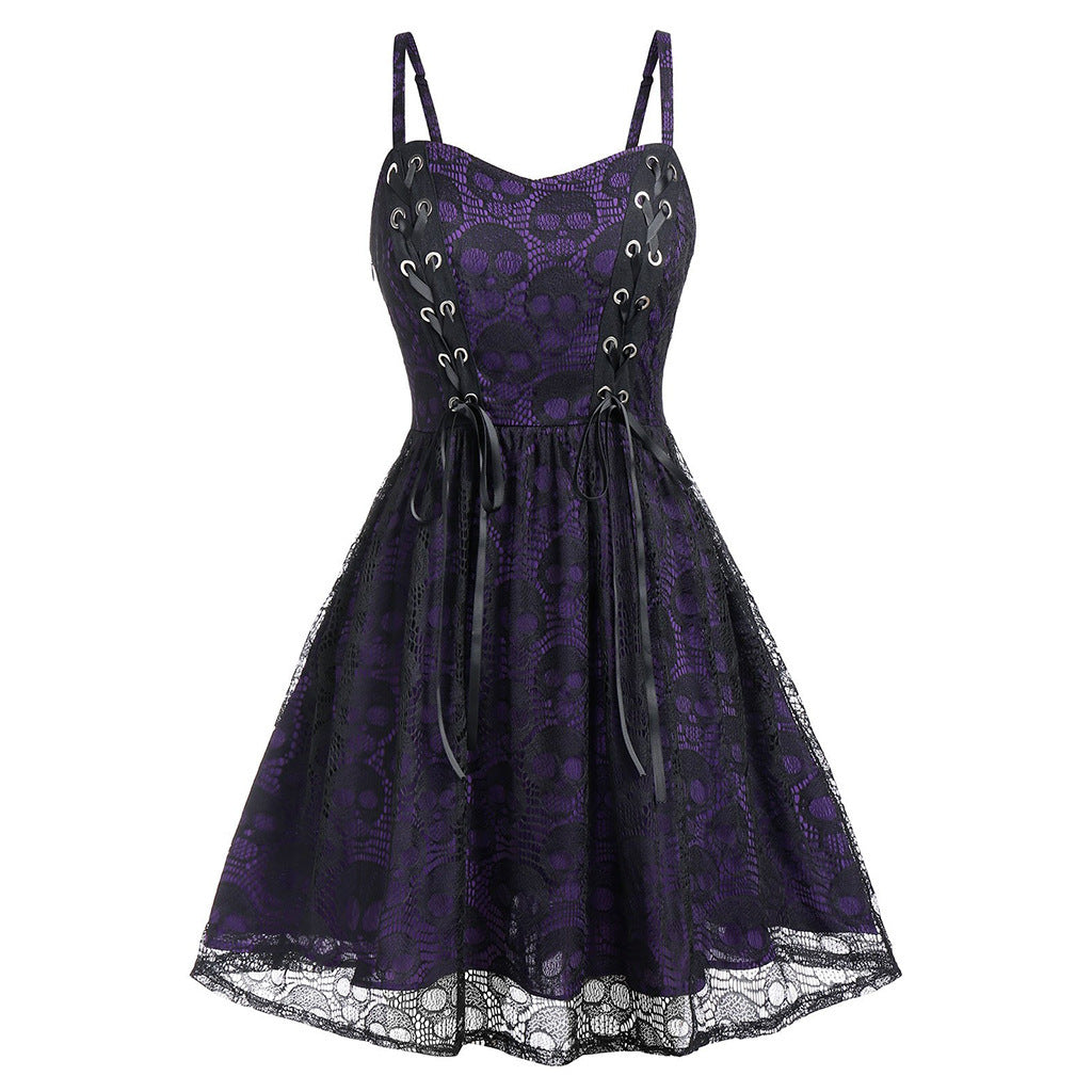 Damen Skaterkleid Elegant Spitze Schnürung