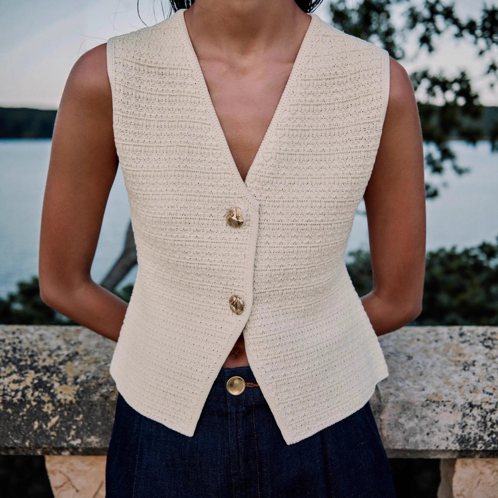 Damen Sommerweste Elegant Schnitt Dekorative Knöpfe - IdealeKleiden