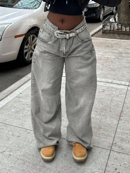 Damen Jeanshosen Weit Bequem Glitzer Gürtel