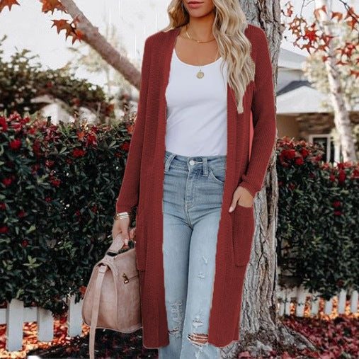 Damen Strickmantel Lässig Offene Front Taschen
