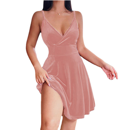 Damen Luxus Samtkleid A-Linie Tiefes Dekolleté