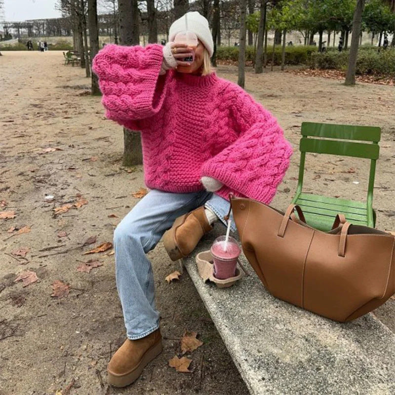 Große Damen Pullover Strick Weich Zopfmuster