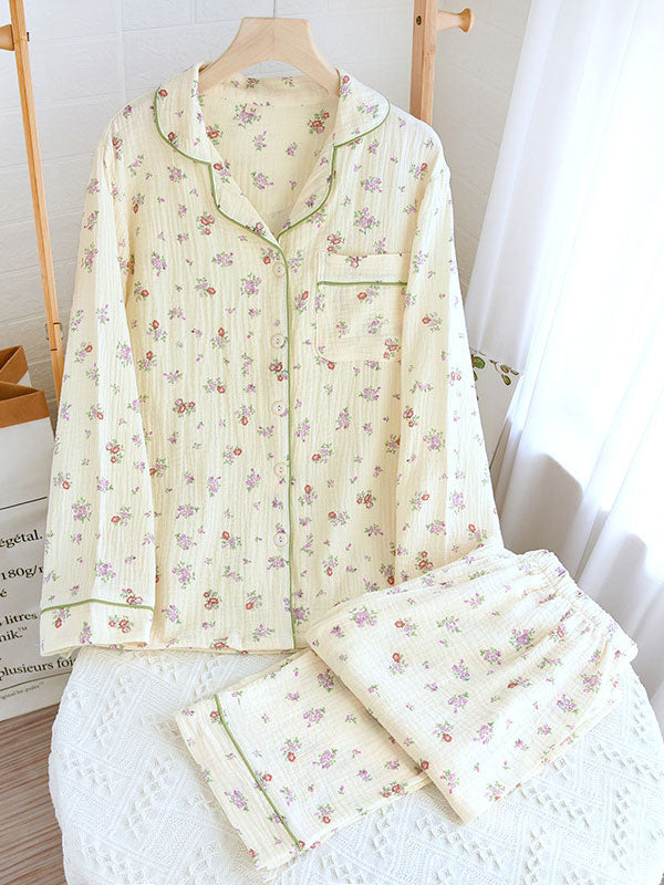 Damen Pyjama Set Blumenmuster Knopfhemd