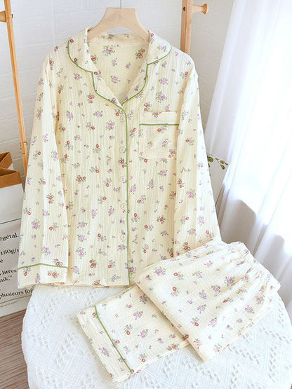 Damen Pyjama Set Blumenmuster Knopfhemd