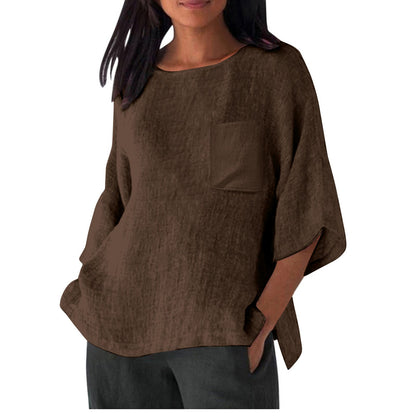 Damen Leinen Top mit Brusttasche Sommerkleidung