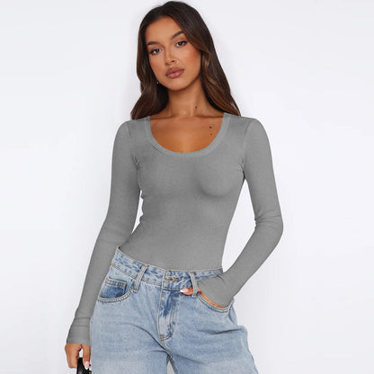Damen Langarmtop Feinripp Rundhals Elegant