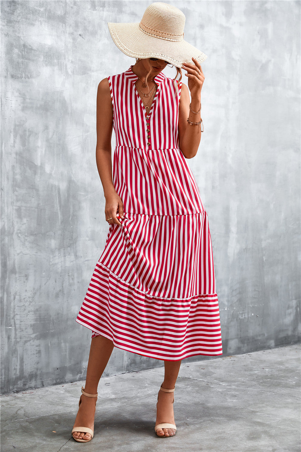 Damen Maxikleid Streifenmuster Elegant Knopfverschluss
