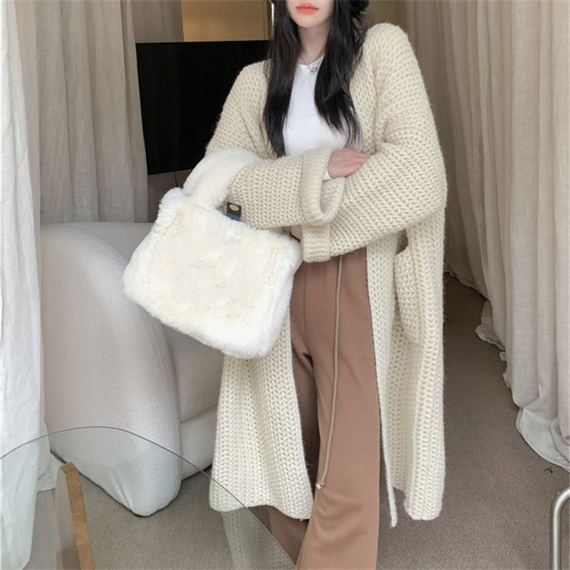 Damen Strickjacke Lang Elegant mit Taschen