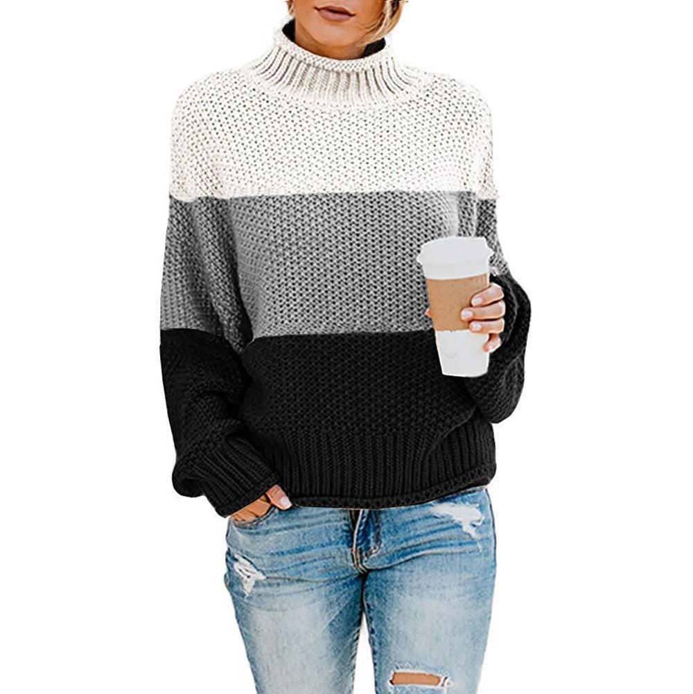 Damen Pullover Grobstrick Hochkragen Modern Farbblock