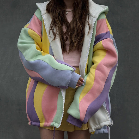 Damen Oversized Jacke Wellenmuster Trendy Kapuze - IdealeKleiden