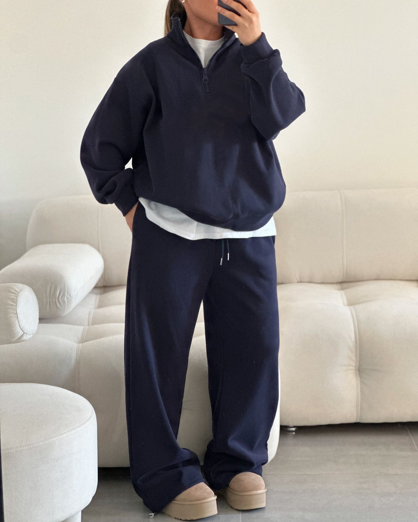 Damen Fleece Jogginganzug Stehkragen Reißverschluss