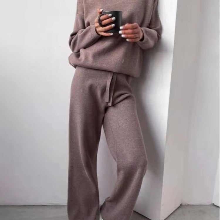 Damen Strickanzug Weite Hose Eleganter Rundhals