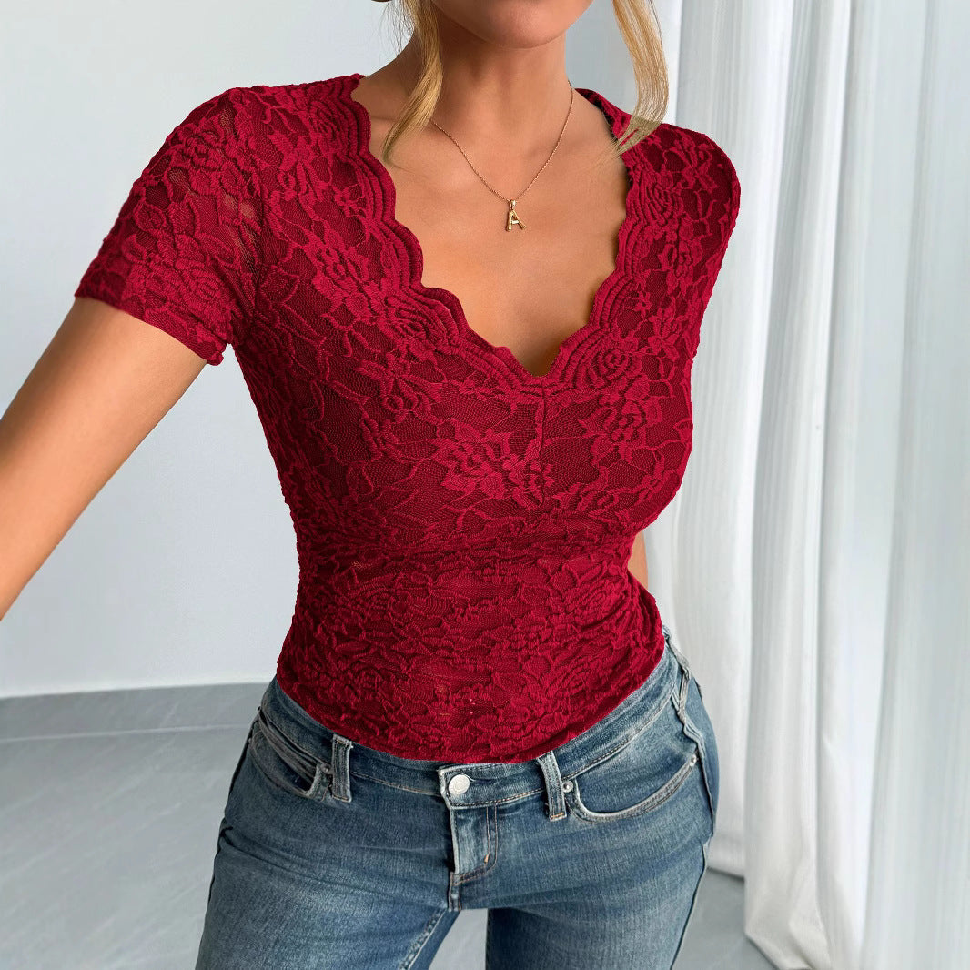 Damen Oberteil Elegant Spitze V-Ausschnitt - IdealeKleiden