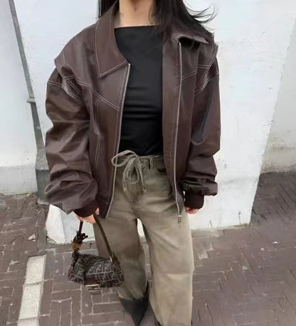 Große Damen Lederjacke Chic Oversized Design