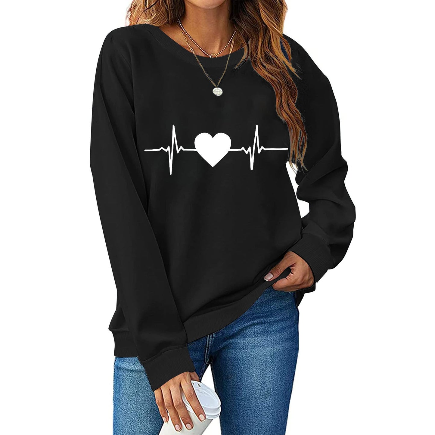 Damen Sweatshirt mit Trendy Herz-Print Frauen Oberteil