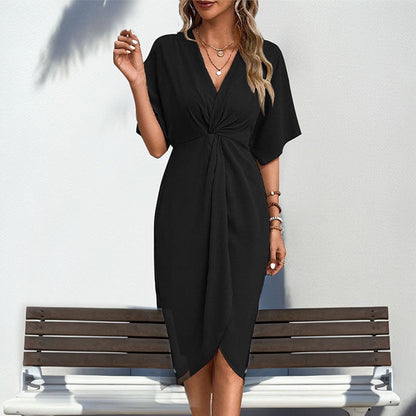 Elegantes Damen Wickelkleid mit V-Ausschnitt und Chic Knoten