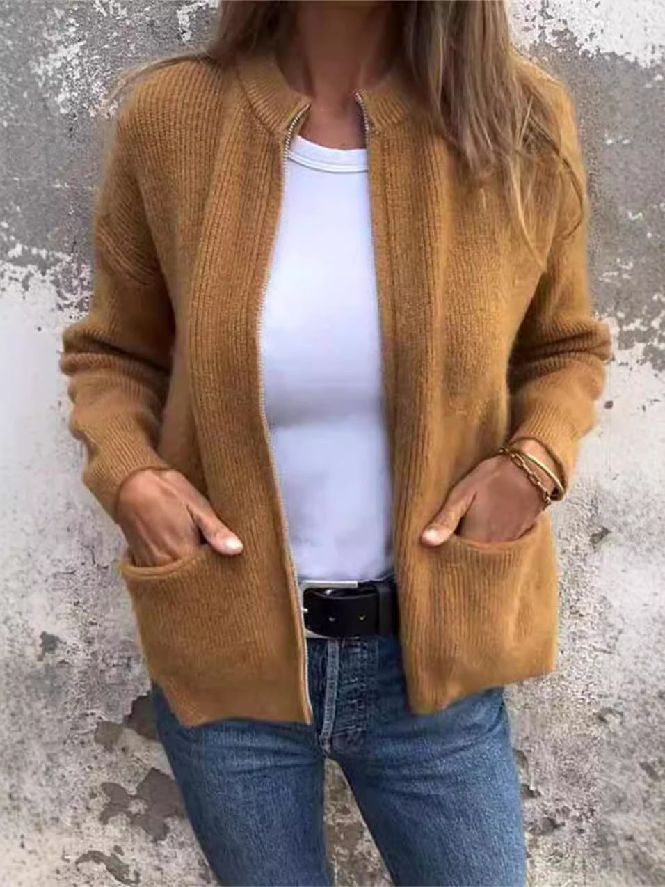 Praktische Damenjacke Rippstrick Lockerer Schnitt