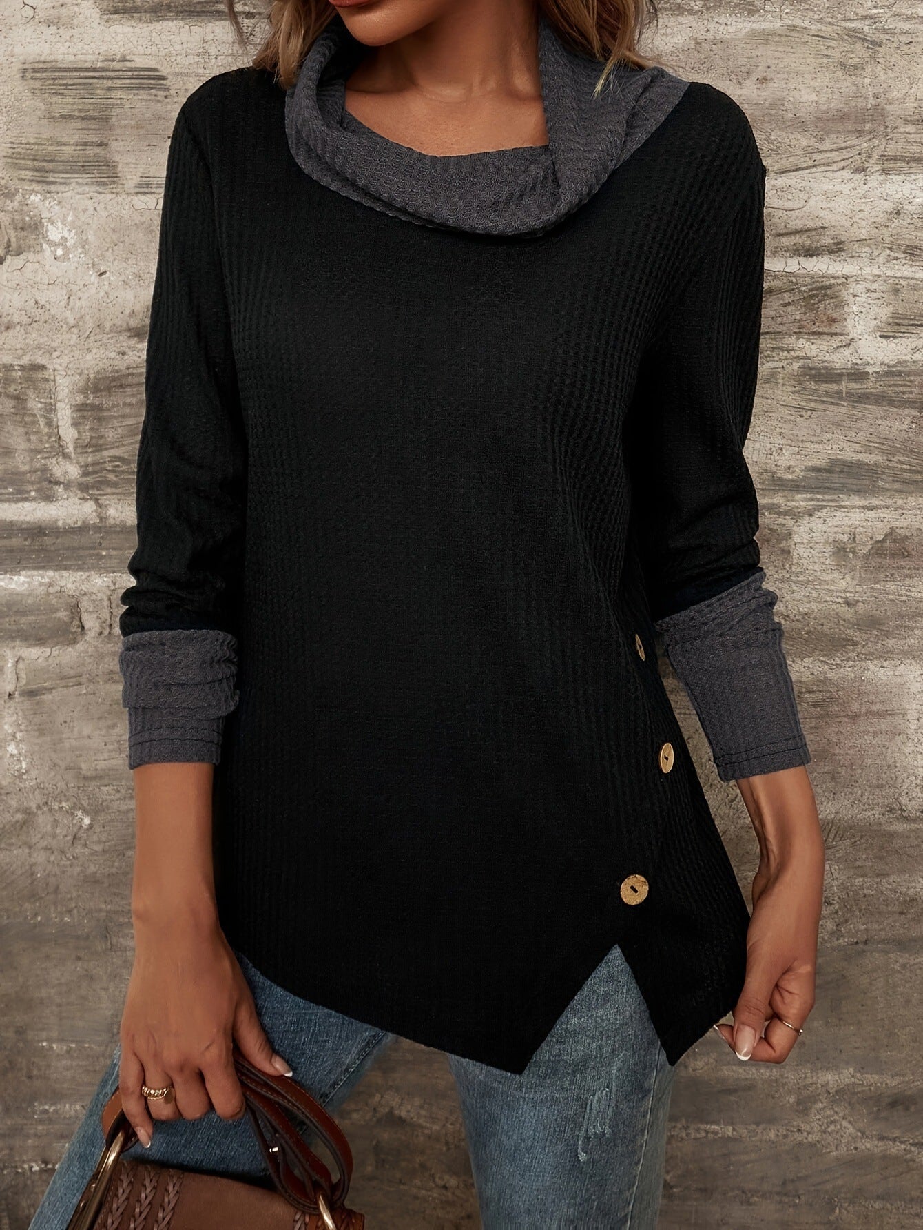 Damen Langarmshirt Großzügig Kragen Strukturiertes Design