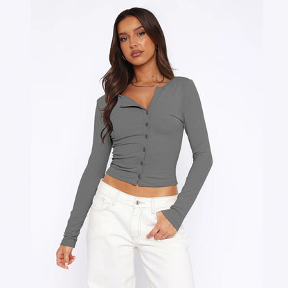 Damen Langarmshirt Figurbetont Elegant Knöpfe