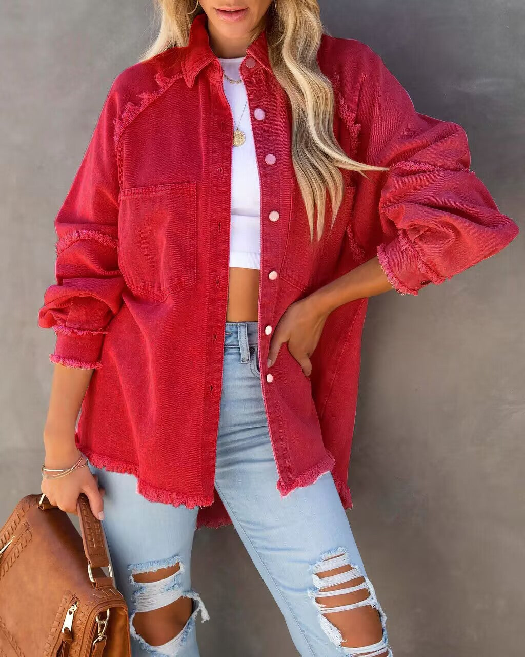 Damen Jeansjacke Lässig Vintage Style Fransen