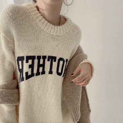Damen Oversized Pullover Großes Logo Trendy Strickmuster