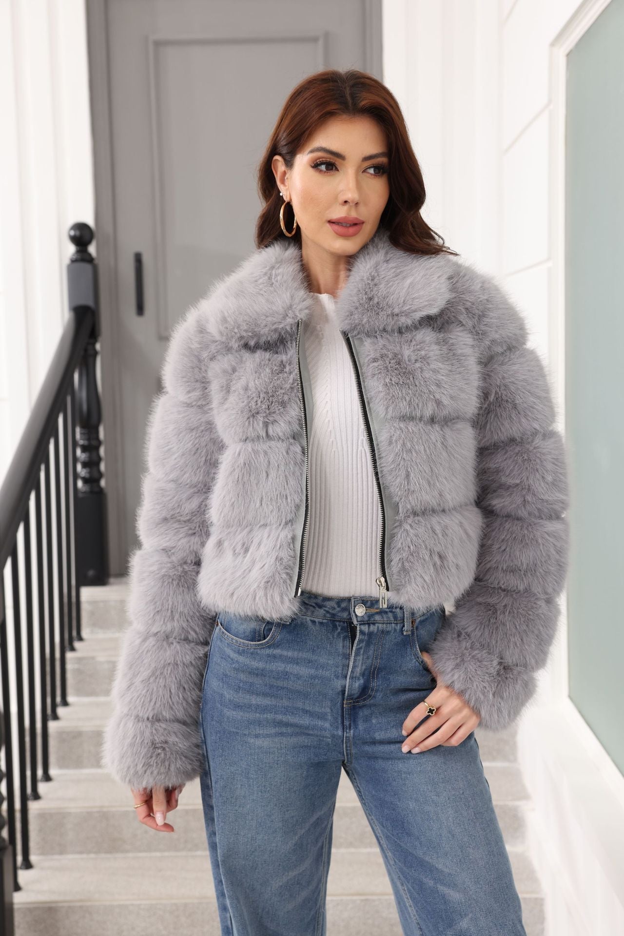 Damen Stylish Kunstpelz Winterjacke Trendy Damenmantel