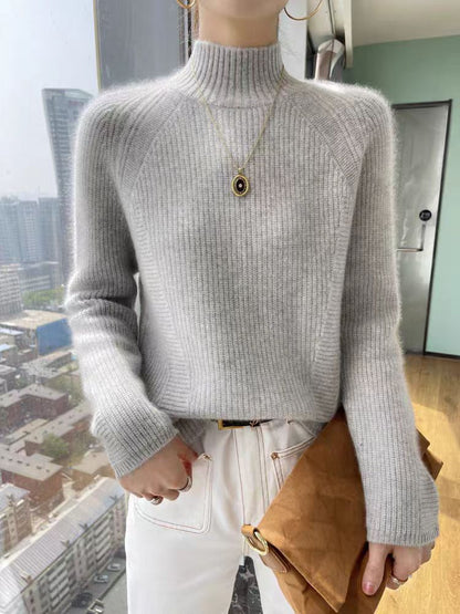 Damen Pullover Langarm Feine Rippstruktur Hochkragen