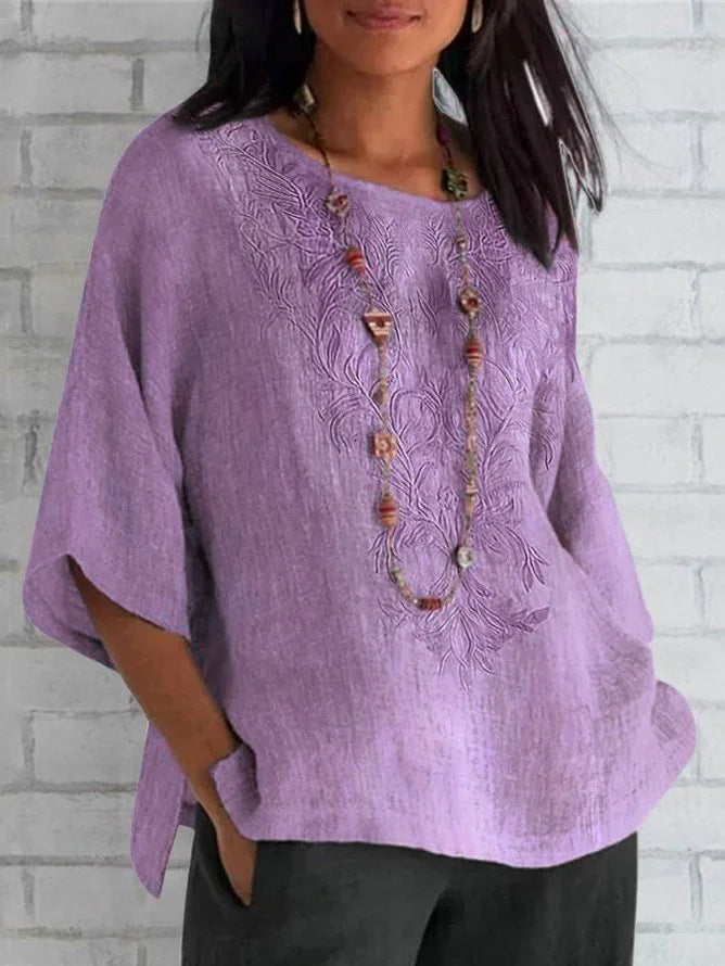 Damen Leinenbluse Bestickt Elegant Sommer