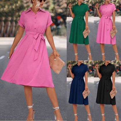 Damen Kleid Knielang mit Gürtel und V-Ausschnitt Elegant - IdealeKleiden