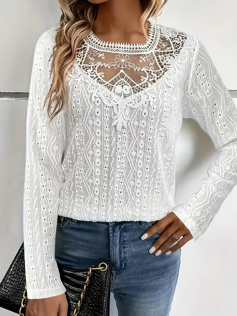 Damen Bluse Elegant Spitze Durchbrochen