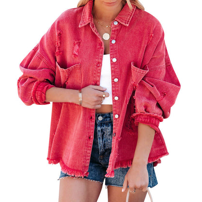 Damen Oversized Jeans-Bluse mit Fransen Trendy Style