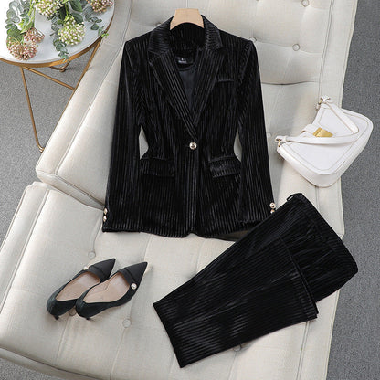 Damen Business Anzug Set mit Langem Samt Blazer