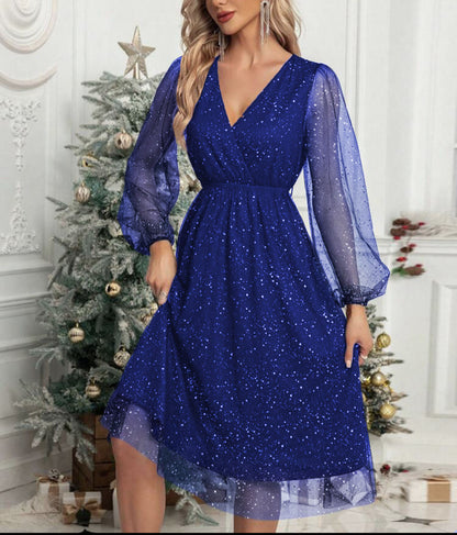 Damen Partykleid Glitter Puffärmel Abendkleid Elegant