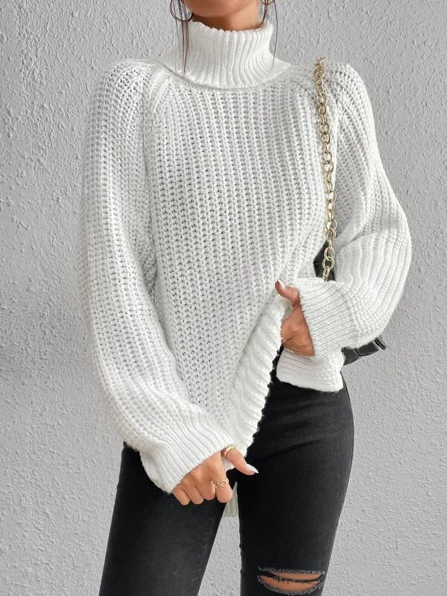 Damen Strickpullover Hochkragen Wabenmuster Eleganz