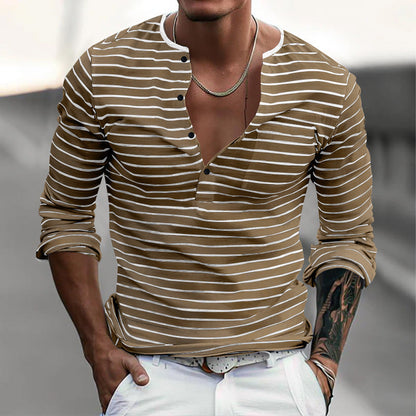Herren Langarmshirt Streifenmuster Modern Knopfverschluss
