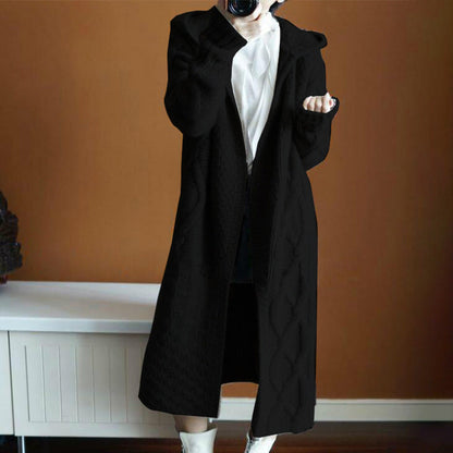 Damen Strickmantel Kapuze Zopfmuster Winter