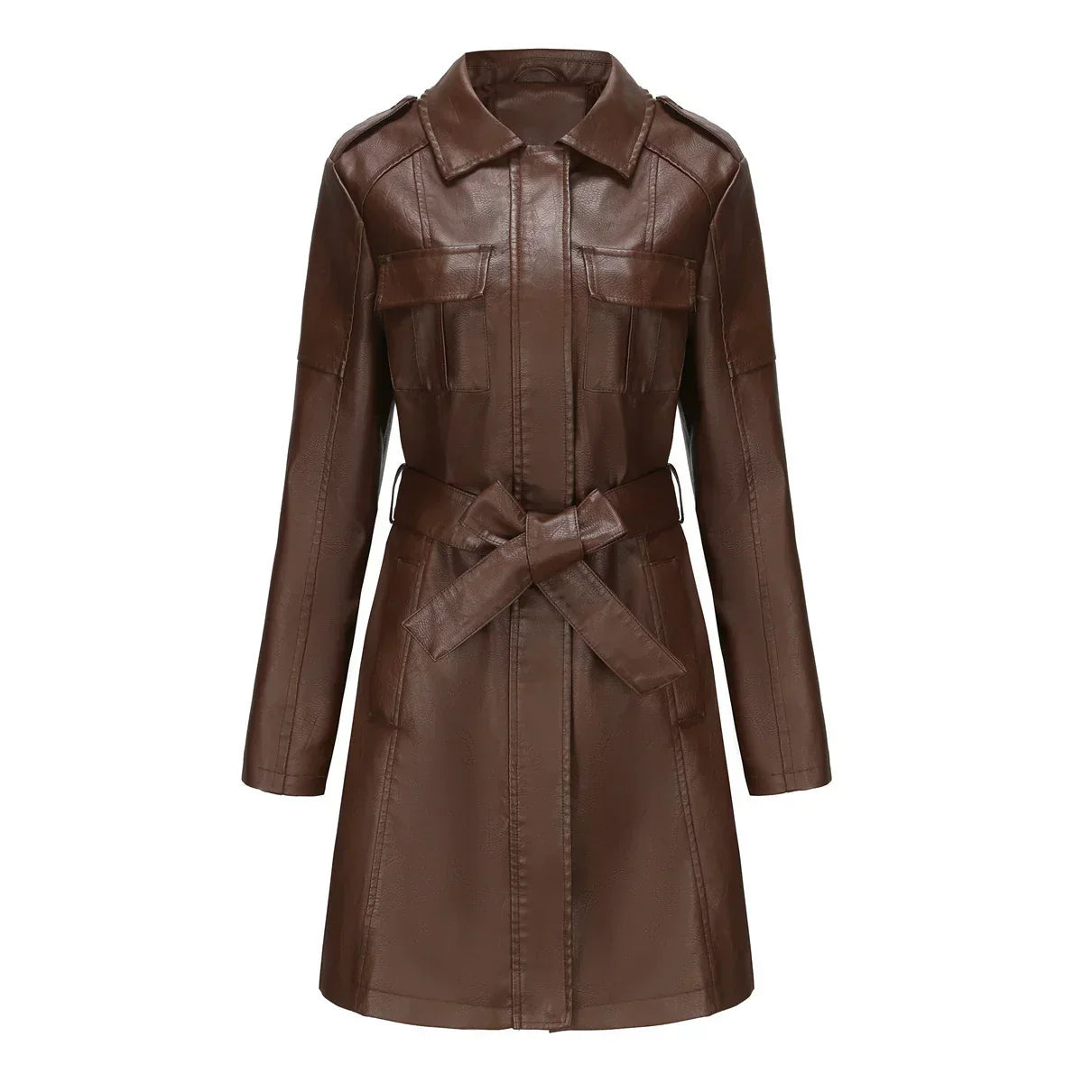 Elegante Damen Lederjacke Lang mit Taschen - IdealeKleiden