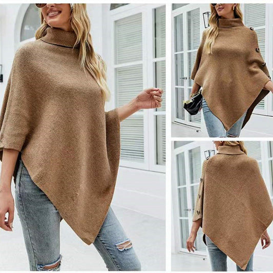 Damen Poncho Strick Modern Knöpfe - IdealeKleiden