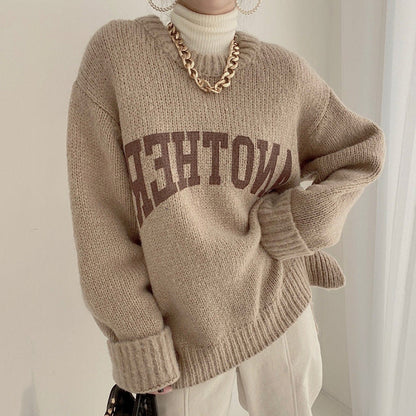 Damen Oversized Pullover Großes Logo Trendy Strickmuster