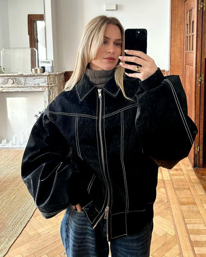 Große Damen Lederjacke Chic Oversized Design