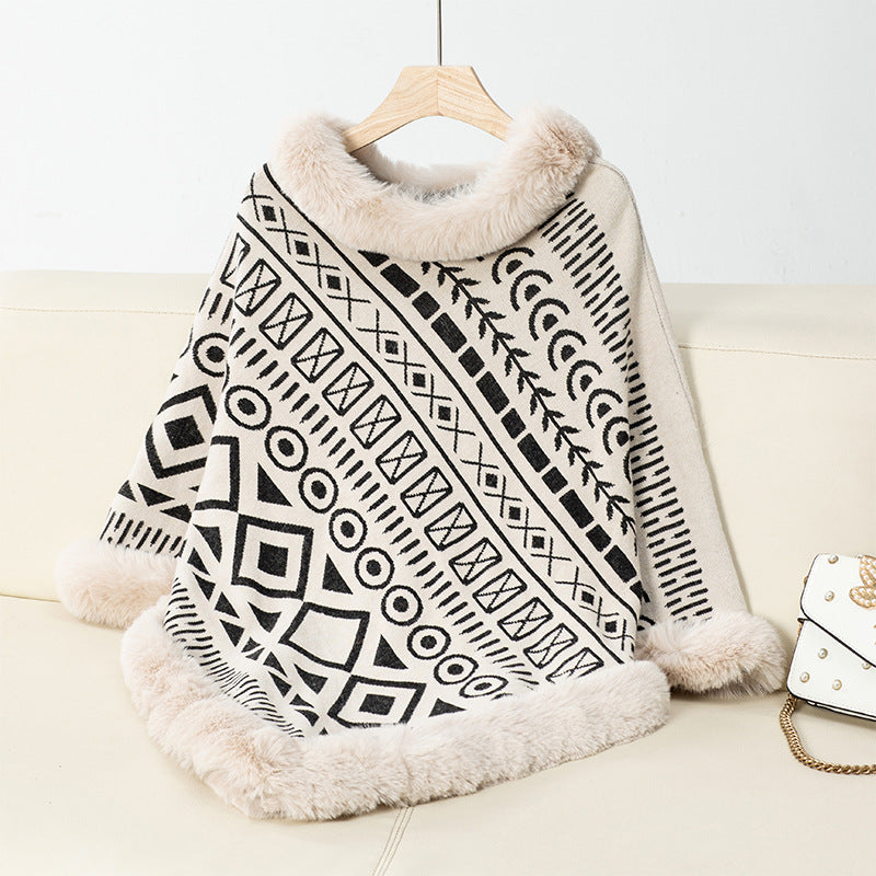 Damen Poncho Elegant Kunstfell Kragen Trendy