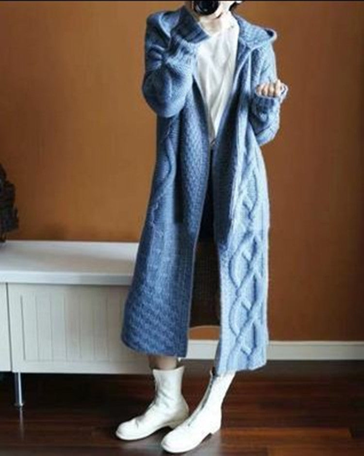 Damen Strickmantel Kapuze Zopfmuster Winter