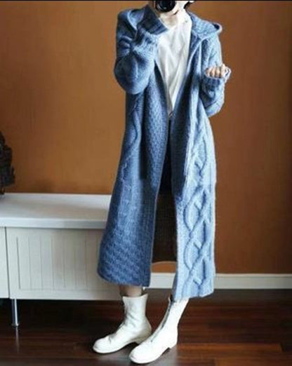 Damen Strickmantel Kapuze Zopfmuster Winter