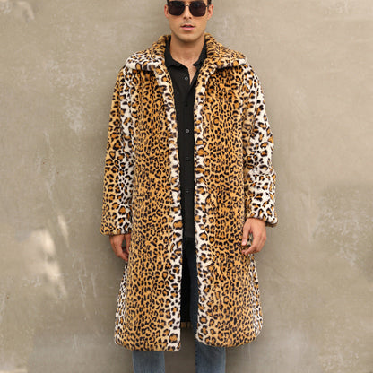 Herren Kunstpelz Mantel Leopardenmuster Elegant Schwarz - IdealeKleiden